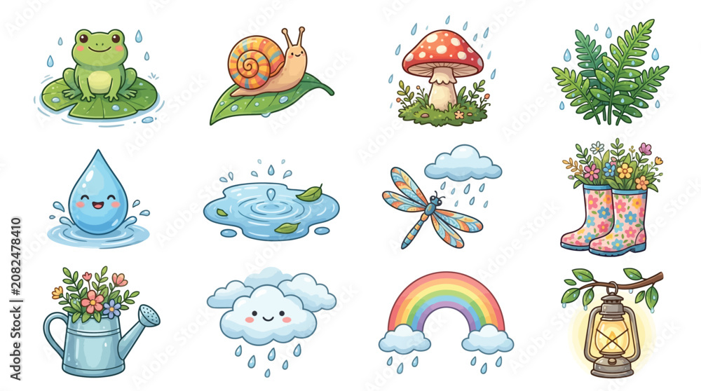 Naklejka premium A delightful collection of cute cartoon nature and weather elements including animals, plants, raindrops, clouds, and a rainbow, perfect for spring themes.