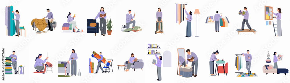 Obraz premium Collection of Professional Interior Designers and Decorators Working on Creative Projects, Material Selection, and Home Styling Illustrations on a White Background.