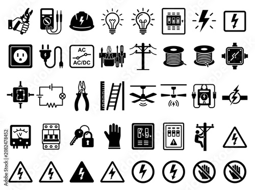 Electricity and Electrical Work Icons Set - Power, Energy, Safety, Tools