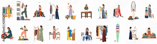 Foto Collection of diverse flat illustrations featuring women organizing, shopping, styling, and participating in clothing swaps for sustainable fashion and wardrobe management