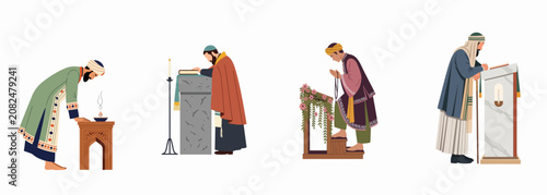 Fotografie Vector illustration set of four men from different religious backgrounds performing traditional acts of prayer and worship, isolated on a white background
