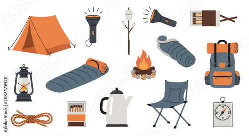 Camping gear and outdoor equipment set including tent, lantern, fire pit, sleeping bag, backpack, flashlight, water kettle, rope, folding chair, matches, and compass