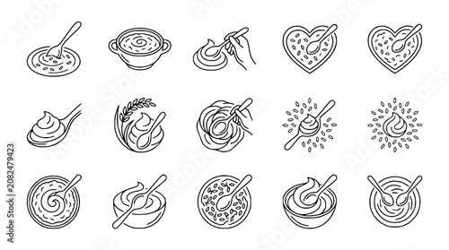 Hand-drawn Food Icons: Creamy Dishes, Sauces, and Spreads in Various Shapes