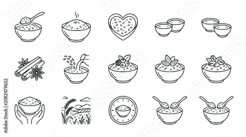 Hand-drawn Rice Bowl Icons: Cereal, Grains, Healthy Food, Agriculture, Cooking, Breakfast, Lunch, Dinner, Organic, Natural
