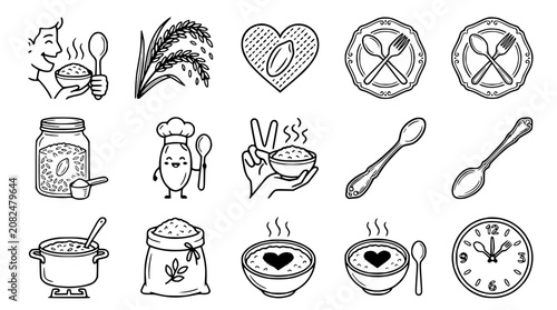 Healthy Rice Food Icons: Cooking, Eating, Ingredients & Utensils - Hand Drawn Style