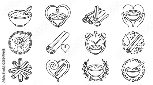 Cinnamon Rice Pudding Line Art Icons: Sweet Dessert, Healthy Food, Cozy Meal, Culinary Elements