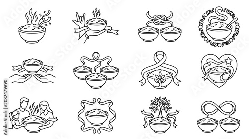 Collection of Rice Bowl Icons and Symbols - Food, Culture, and Generosity