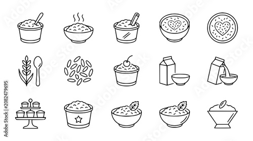 Oatmeal and Cereal Icons: Bowls, Porridge, Milk, Grains, Sweet Treats
