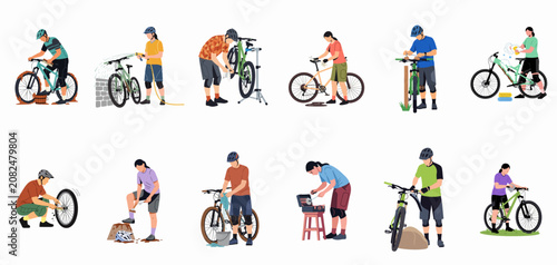 A collection of flat illustrations featuring diverse people cleaning, maintaining, and repairing their mountain bikes using various tools and equipment.