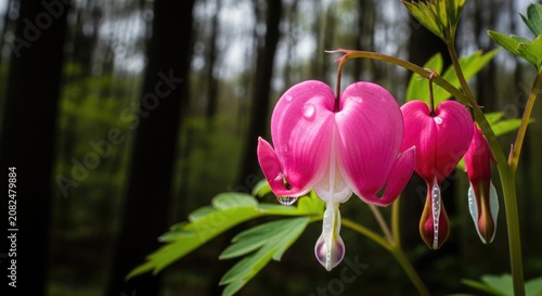 Close-up of vibrant pink bleeding heart flowers blooming in a woodland garden, showcasing delicate heart-shaped petals, graceful stems, and lush natural surroundings