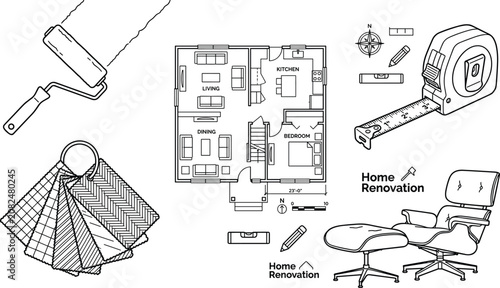 Home renovation architecture vector line art illustration set featuring detailed floor plan house blueprint paint roller tape measure and lounge chair