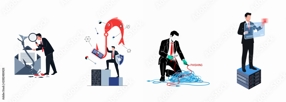 Obraz premium Cybersecurity and Phishing Concept Set Featuring Professionals Protecting Data from Malicious Attacks and Email Scams
