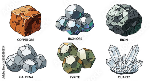 Vector illustration collection featuring a variety of raw minerals and geological ores including copper galena pyrite iron and quartz crystals