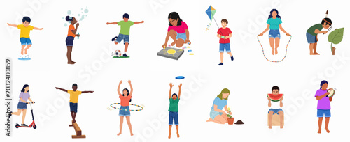 Foto Collection of diverse children enjoying various outdoor summer activities like sports, games, and nature exploration, isolated on white background