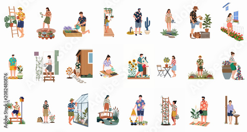 Konstfotografi Flat vector illustration set of men and women engaged in various gardening activities like watering, planting, and caring for indoor and outdoor plants