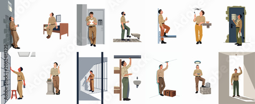 Foto Set of diverse illustrations showcasing the daily routines, activities, and solitary moments of an inmate within a prison cell environment