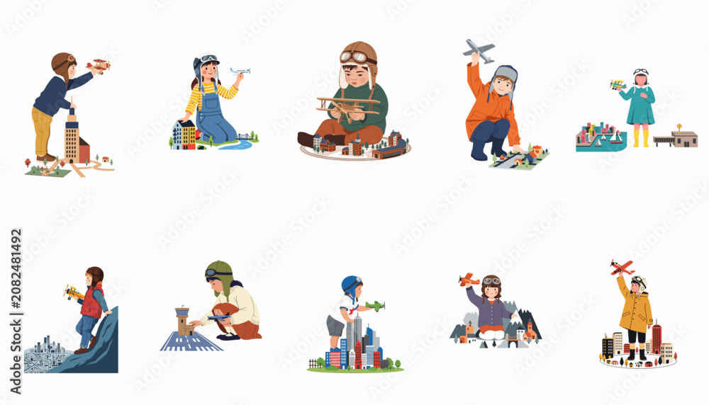 Fototapeta premium Set of illustrations depicting children playing with toy airplanes over miniature cities, wearing pilot gear and imagining future careers in aviation and flight.