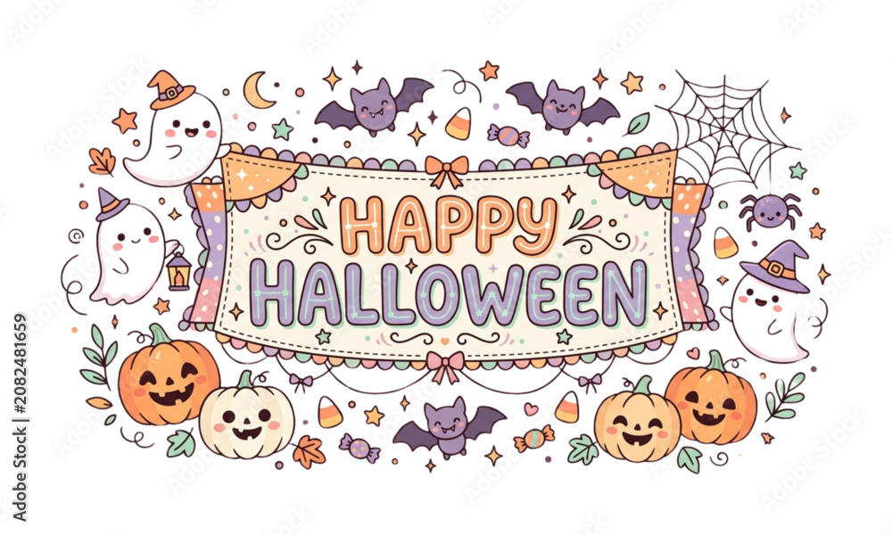 Fototapeta premium Pastel Cute Ghost and Pumpkin Happy Halloween Banner Doodle