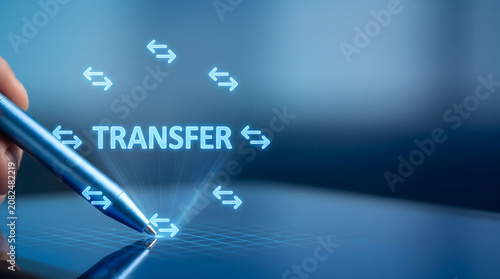 Secure digital transfer system interface showing financial or data transfer with bidirectional arrows indicating safe exchange protocol