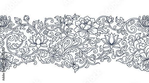 Traditional Floral Line Art Seamless Border with Peony and Lotus