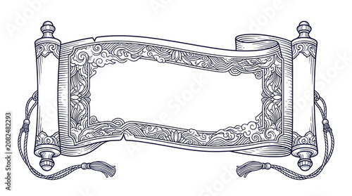 Ornate oriental paper scroll illustration with decorative floral frame border