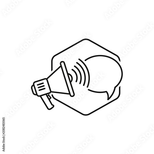 Megaphone with speech bubble line icon inside hexagon shape