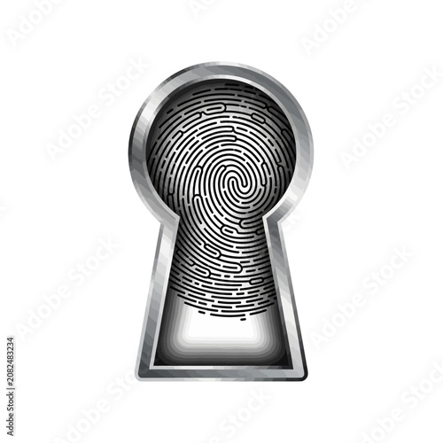 Metallic keyhole framing a fingerprint pattern on white background