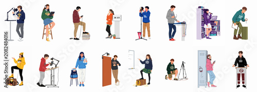 Tableau sur toile Diverse collection of students engaged in podcasting, recording, and media production activities, showcasing vibrant school spirit through creative hobbies and communication skills