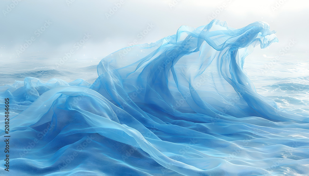 Naklejka premium Ethereal blue wave fabric flowing water ocean fantasy soft light abstract sea dreamy texture delicate veil airy motion create tranquil surreal seascape