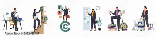 Set of professional illustrations representing intellectual property law concepts including trademarks, patents, copyrights, and licensing agreements with characters in business attire.