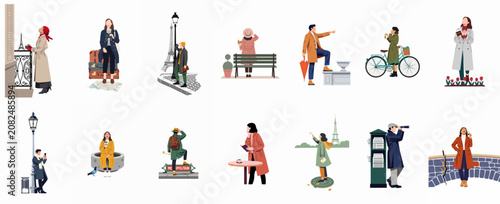 Collection of flat vector illustrations featuring tourists and travelers exploring Paris, France, with iconic landmarks like the Eiffel Tower and various city activities.