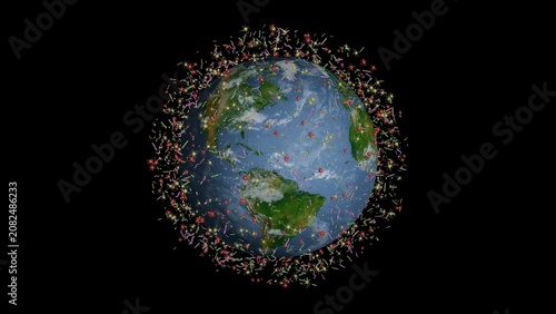 Many microorganisms circling planet Earth. Medium microbe density. Planetary microbiome. Microbiome of Earth. 3d render illustration.