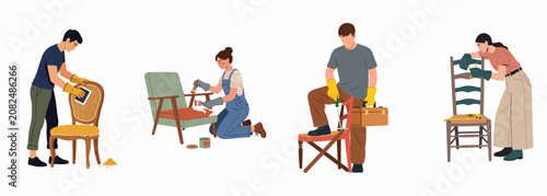 Flat Vector Illustration of People Restoring Furniture Including Sanding Painting and Fixing Chairs for a Sustainable DIY Project.