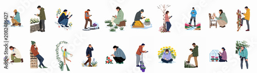 Canvastavla Flat vector illustrations set of diverse people observing, sketching, and taking notes on various plants and flowers in outdoor seasonal and garden settings