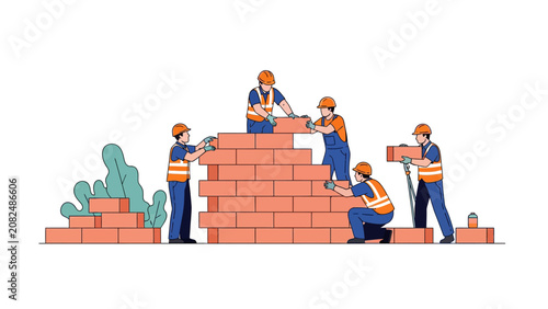 Team of Construction Workers Building a Brick Wall Vector Illustration