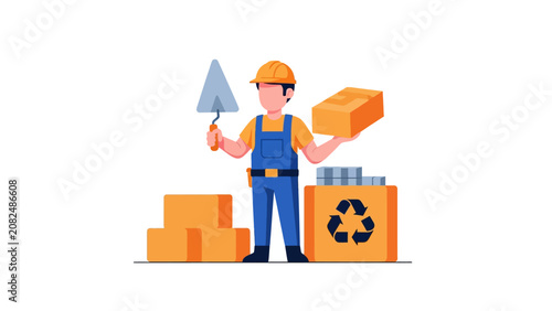 Construction Worker Mason Holding Trowel and Brick with Recycling Box Vector Illustration