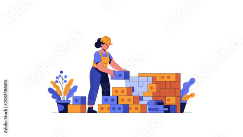 Female Construction Worker in Hard Hat Building Brick Wall Vector Illustration