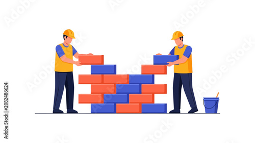 Construction Workers Building Wall Concept Illustration