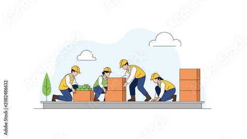 Logistic workers team moving cardboard boxes in warehouse flat vector illustration. Teamwork and supply chain management concept.