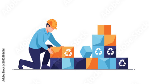 Worker Building with Recycle Boxes Illustration - Sustainable Waste Management and Green Construction Concept