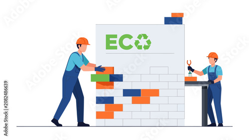 Construction Workers Building Sustainable Eco-Friendly Brick Wall with Recycle Symbol Vector Illustration