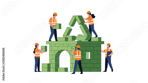 Sustainable Construction Team Building Eco-Friendly Green House Illustration