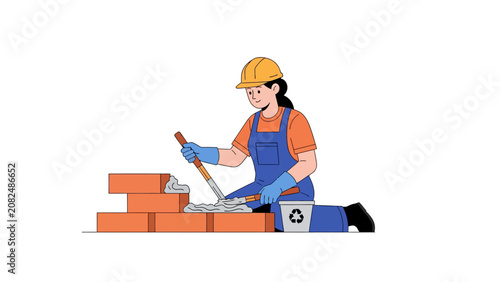 Female Bricklayer Construction Worker Building Wall Flat Vector Illustration