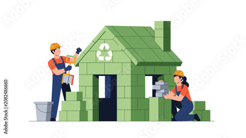 Sustainable Construction Concept with Workers Building Green Eco House