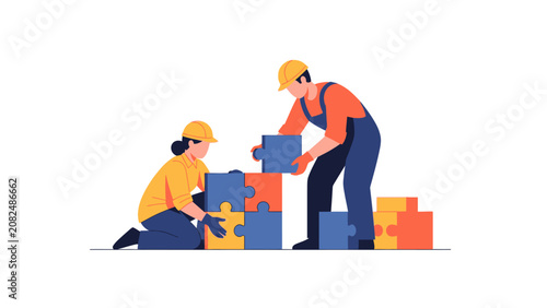 Construction Workers Assembling Jigsaw Puzzle Pieces Teamwork Concept Vector
