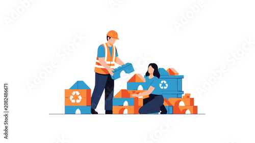 Eco-friendly construction concept with workers building sustainable homes using recycled blocks
