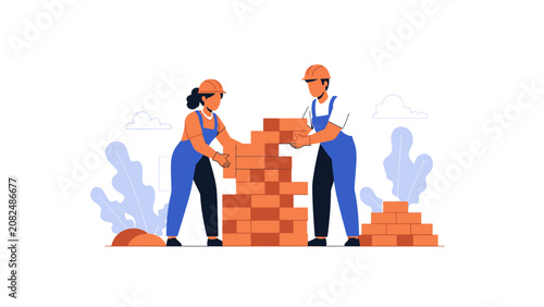 Construction Workers Team Building Brick Wall Vector Illustration