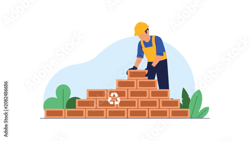 Sustainable Construction Worker Building Recycled Brick Wall Illustration