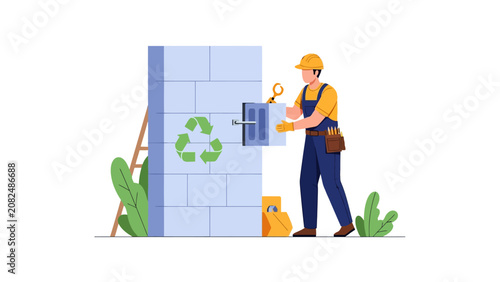 Construction Worker Installing Sustainable Building Panel Vector