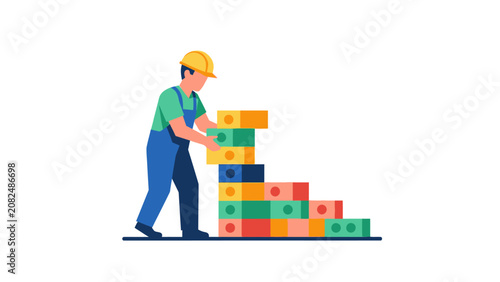 Construction Worker Stacking Colorful Blocks Illustration